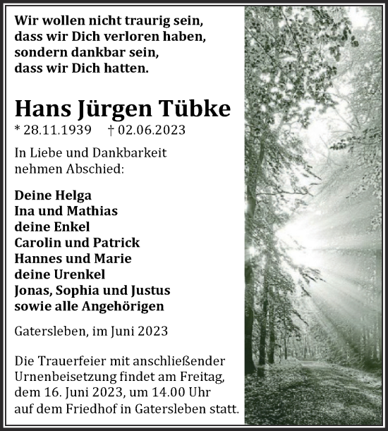 Traueranzeige von Hans Jürgen Tübke von Trauerkombi Aschersleben