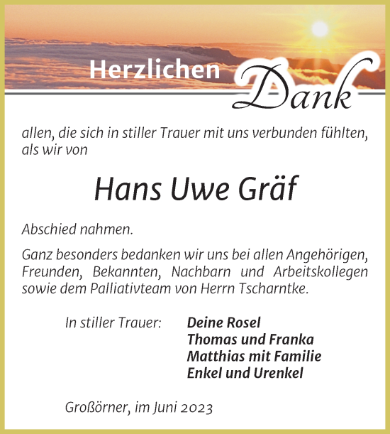 Traueranzeige von Hans Uwe Gräf von Trauerkombi Mansfelder Land