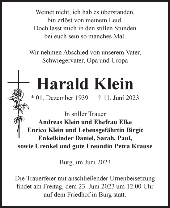 Traueranzeige von Harald Klein von Volksstimme Burg/Genthin