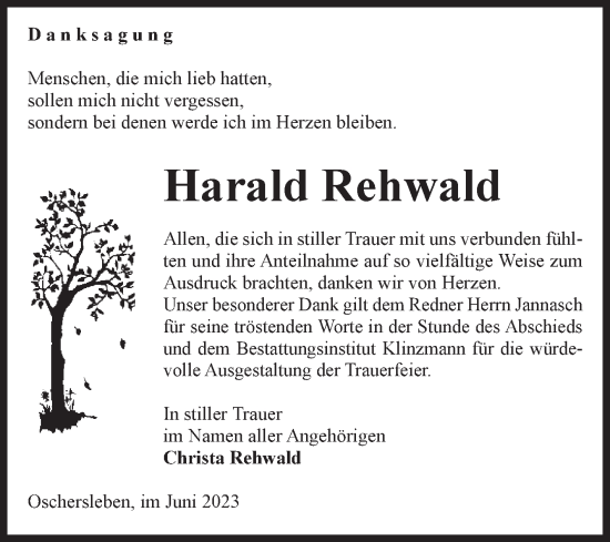 Traueranzeige von Harald Rehwald von Volksstimme Oschersleben/Wanzleben