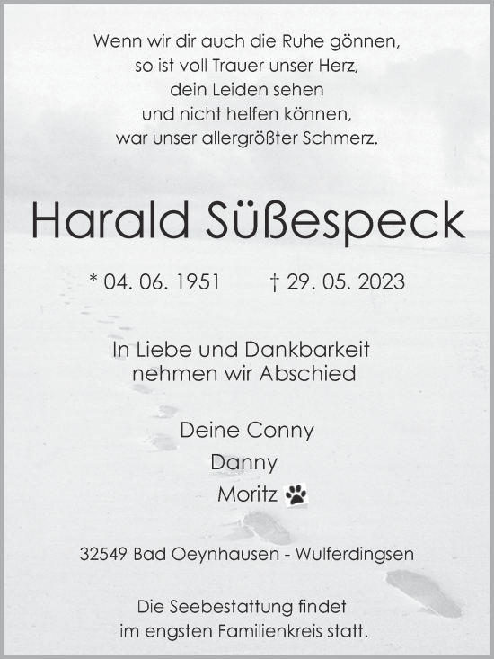 Traueranzeige von Harald Süßespeck von Trauerkombi Quedlinburg
