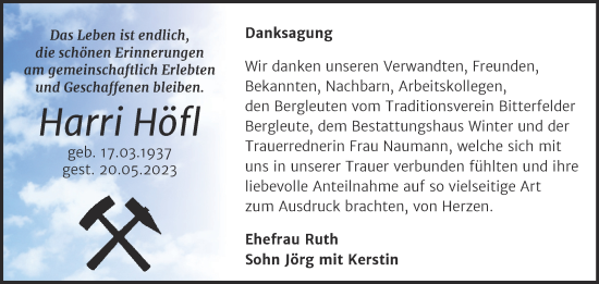 Traueranzeige von Harri Höfl von Trauerkombi Bitterfeld