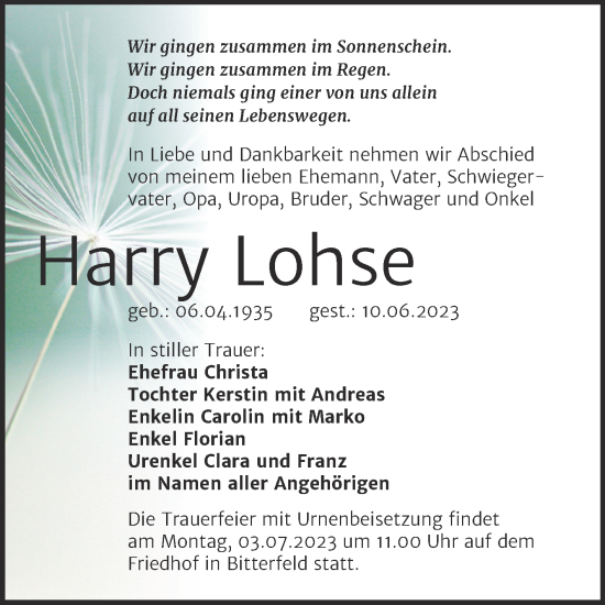 Traueranzeige von Harry Lohse von Trauerkombi Bitterfeld