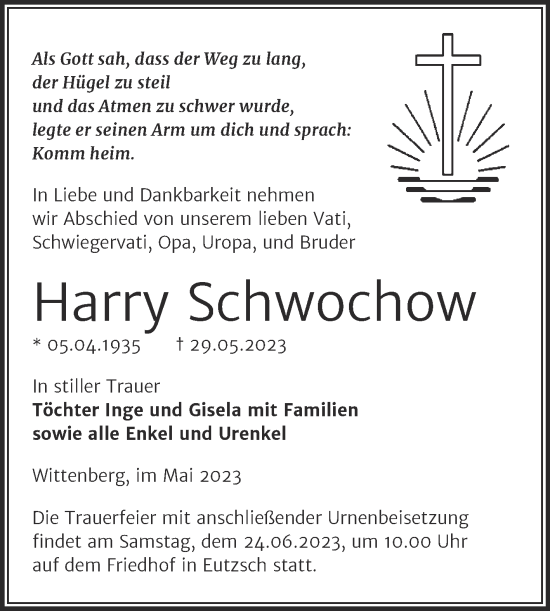 Traueranzeige von Harry Schwochow von Trauerkombi Wittenberg