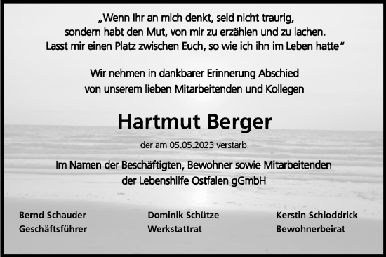 Traueranzeige von Hartmut Berger von Volksstimme Haldensleben/Wolmirstedt