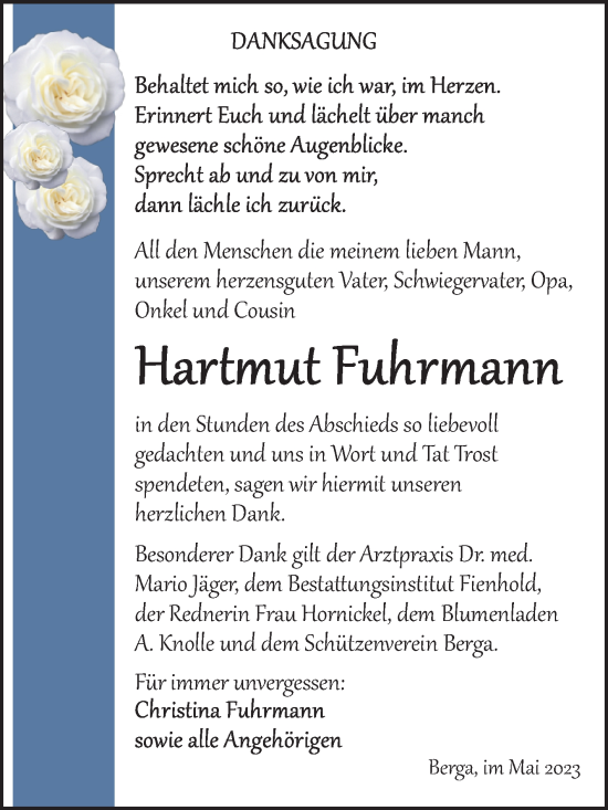 Traueranzeige von Hartmut Fuhrmann von Trauerkombi Sangerhausen