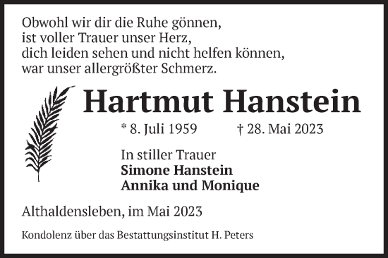 Traueranzeige von Hartmut Hanstein von Volksstimme Haldensleben/Wolmirstedt