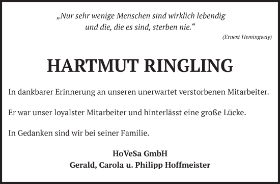 Traueranzeige von Hartmut Ringling von Volksstimme Oschersleben/Wanzleben