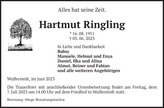 Traueranzeige von Hartmut Ringling von Volksstimme Oschersleben/Wanzleben