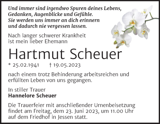 Traueranzeige von Hartmut Scheuer von Trauerkombi Wittenberg