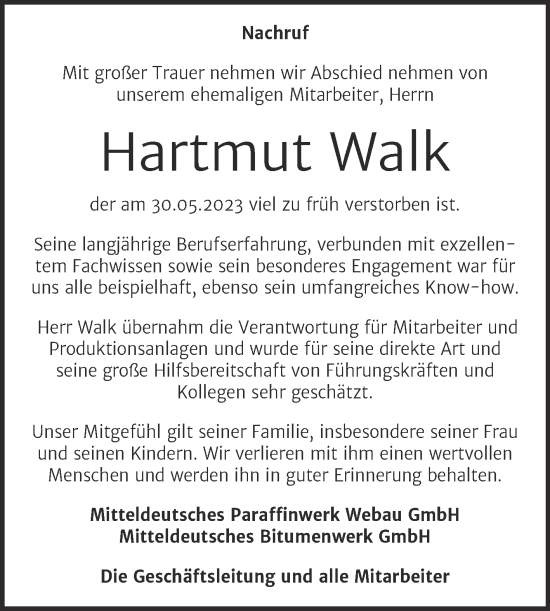 Traueranzeige von Hartmut Walk von Mitteldeutsche Zeitung Weißenfels