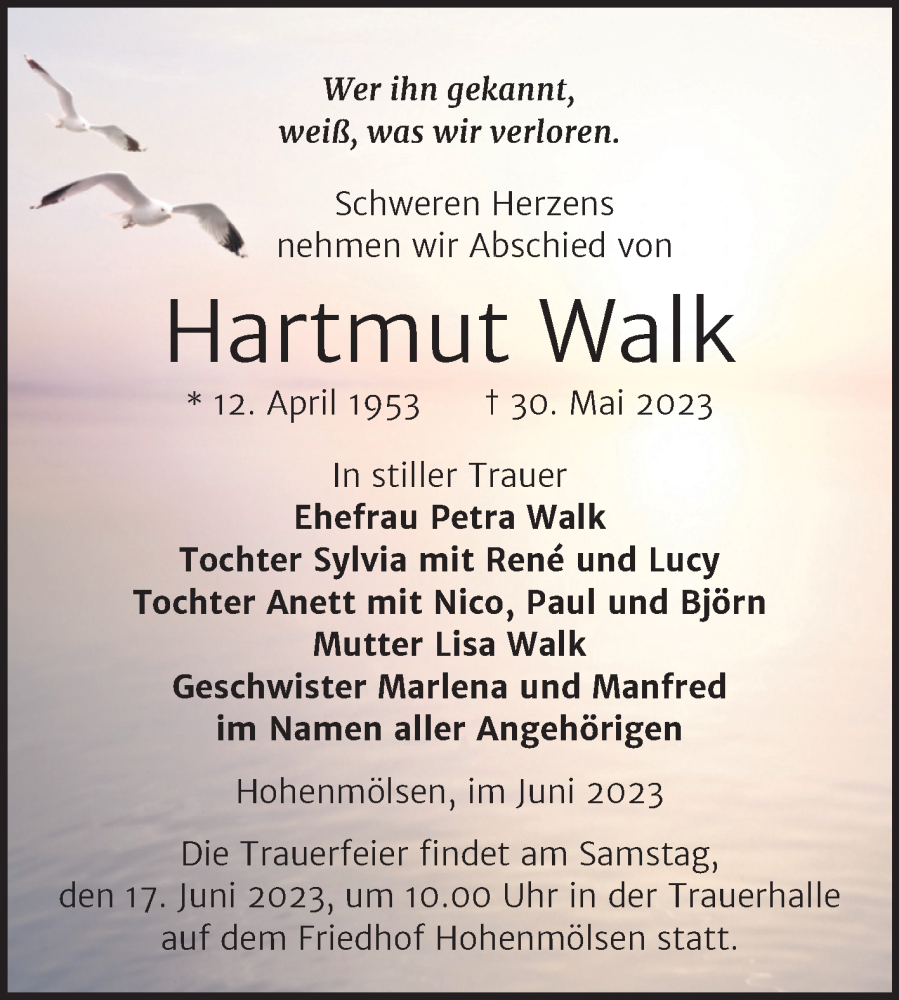  Traueranzeige für Hartmut Walk vom 03.06.2023 aus Trauerkombi Weißenfels