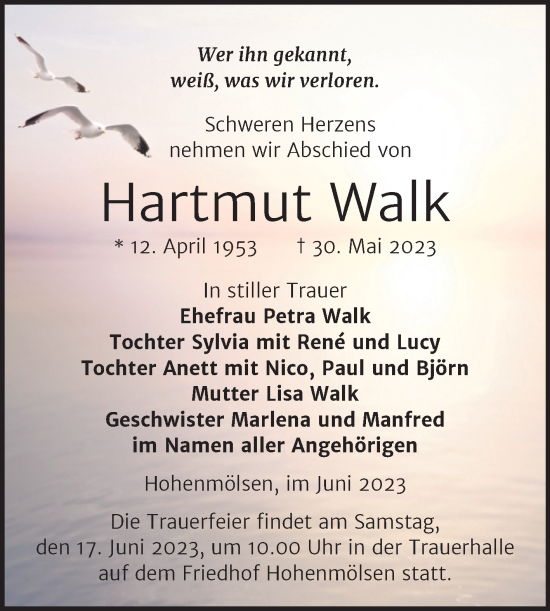 Traueranzeige von Hartmut Walk von Trauerkombi Weißenfels