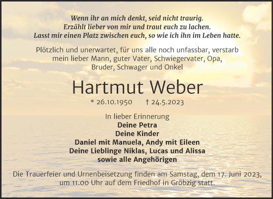 Traueranzeige von Hartmut Weber von Trauerkombi Köthen