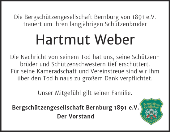 Traueranzeige von Hartmut Weber von Trauerkombi Bernburg