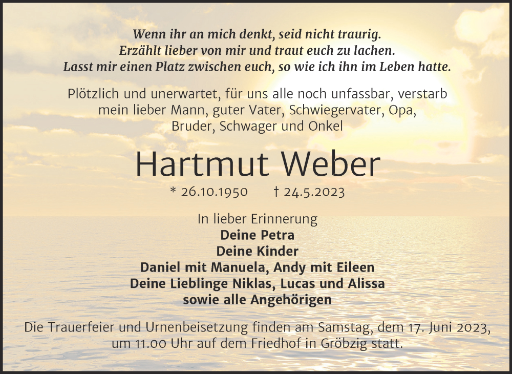  Traueranzeige für Hartmut Weber vom 03.06.2023 aus Trauerkombi Köthen