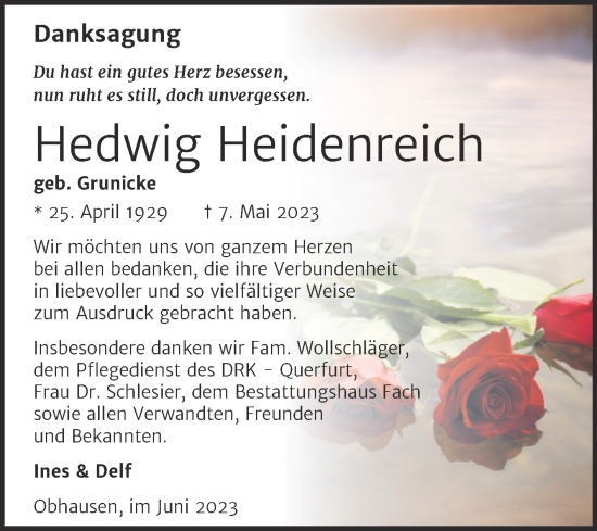 Traueranzeige von Hedwig Heidenreich von Trauerkombi Merseburg