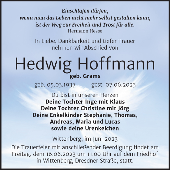 Traueranzeige von Hedwig Hoffmann von Trauerkombi Wittenberg