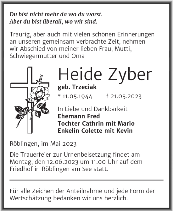 Traueranzeige von Heide Zyber von Trauerkombi Mansfelder Land