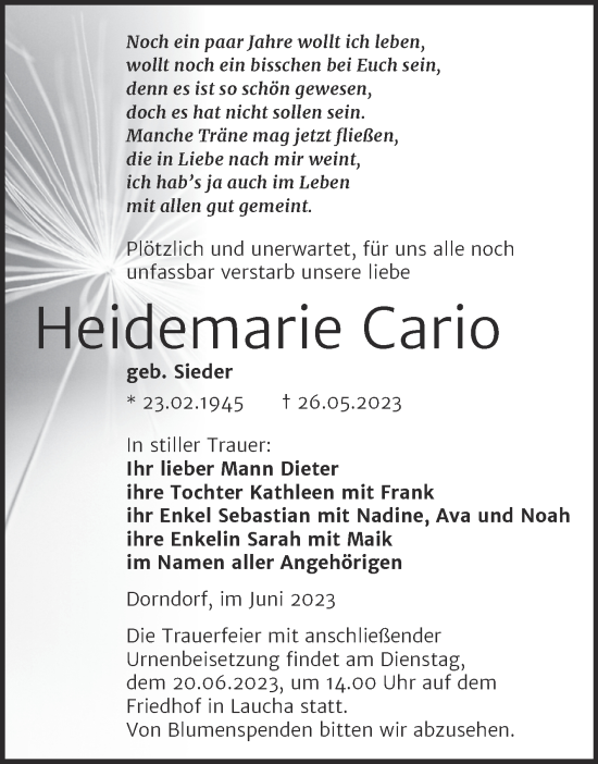 Traueranzeige von Heidemarie Cario von Wochenspiegel Naumburg/Nebra
