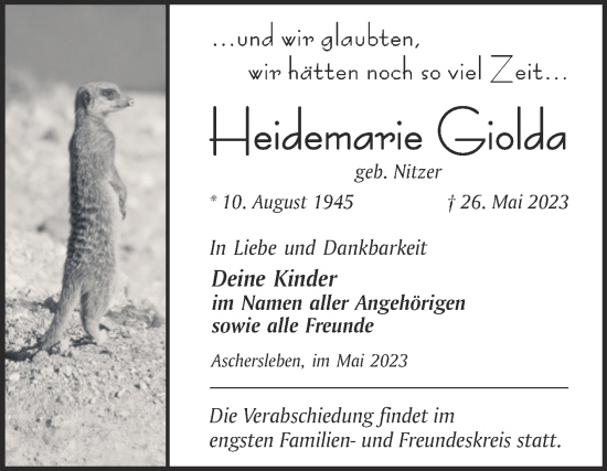 Traueranzeige von Heidemarie Giolda von Trauerkombi Aschersleben