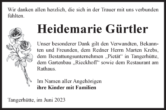 Traueranzeige von Heidemarie Gürtler von Volksstimme Altmark Ost