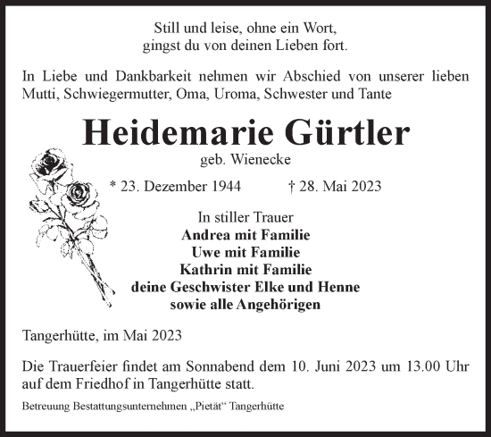 Traueranzeige von Heidemarie Gürtler von Volksstimme Altmark Ost