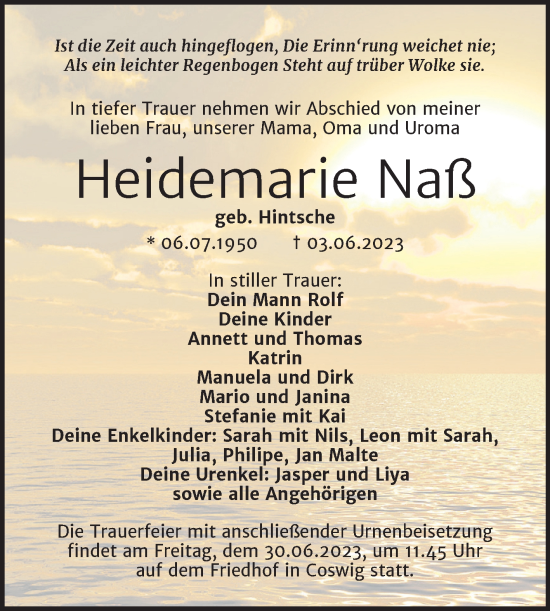 Traueranzeige von Heidemarie Naß von Trauerkombi Wittenberg