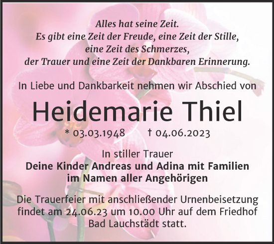 Traueranzeige von Heidemarie Thiel von Trauerkombi Merseburg