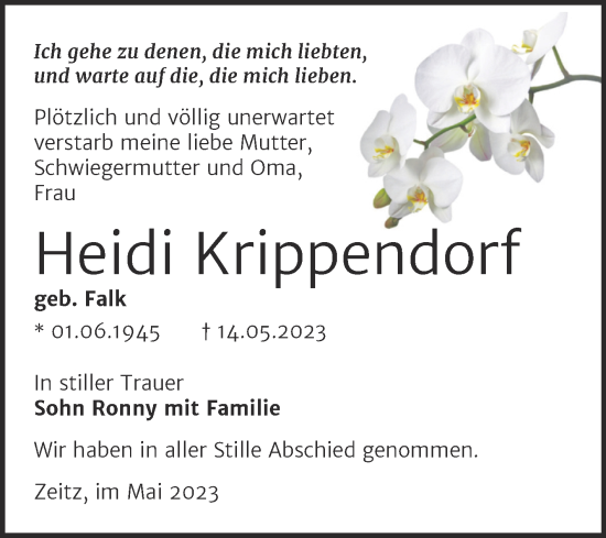 Traueranzeige von Heidi Krippendorf von Trauerkombi Zeitz