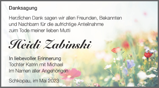 Traueranzeige von Heidi Zabinski von Trauerkombi Merseburg