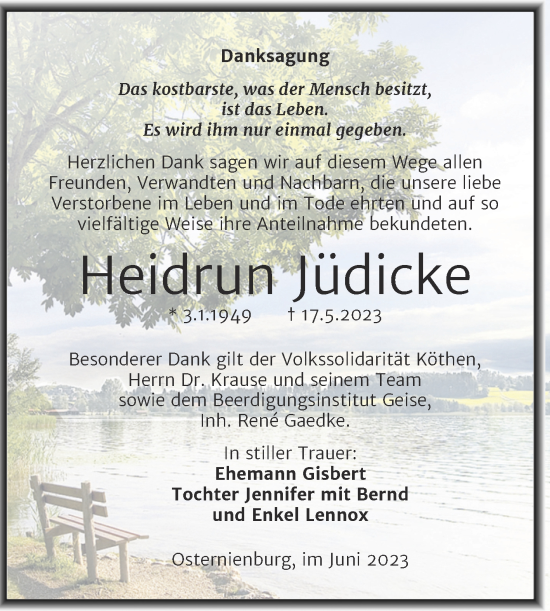Traueranzeige von Heidrun Jüdicke von Trauerkombi Köthen