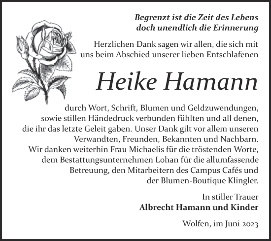 Traueranzeige von Heike Hamann von Trauerkombi Bitterfeld