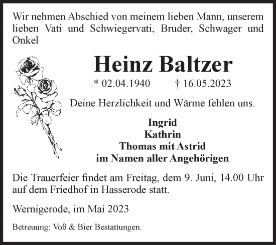 Traueranzeige von Heinz Baltzer von Volksstimme Wernigerode