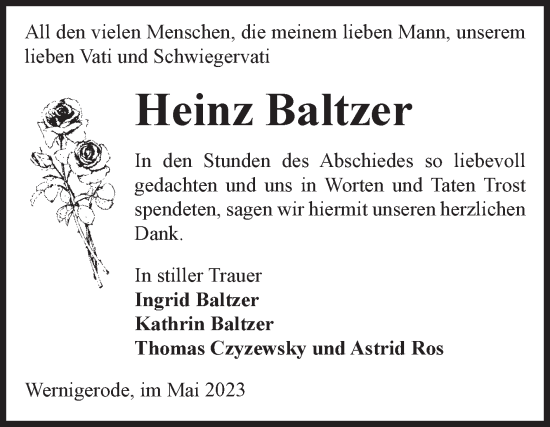 Traueranzeige von Heinz Baltzer von Volksstimme Wernigerode