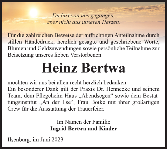 Traueranzeige von Heinz Bertwa von Volksstimme Wernigerode