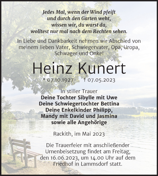 Traueranzeige von Heinz Kunert von Trauerkombi Wittenberg
