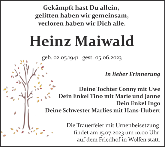 Traueranzeige von Heinz Maiwald von Trauerkombi Bitterfeld