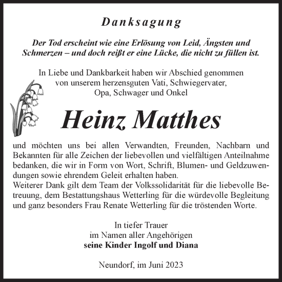 Traueranzeige von Heinz Matthes von Volksstimme Staßfurt