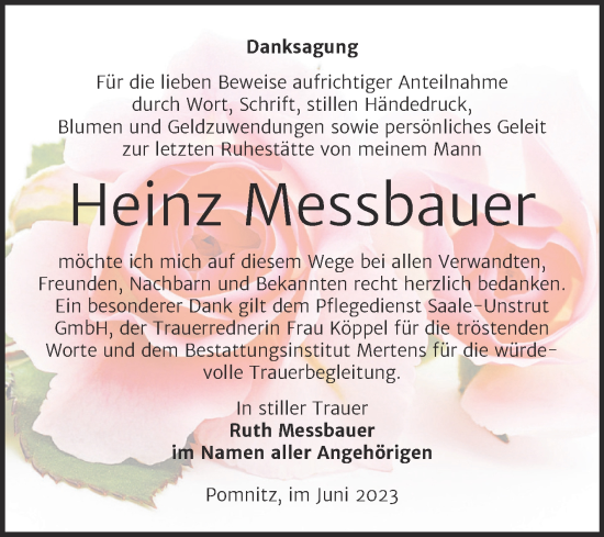 Traueranzeige von Heinz Messbauer von Wochenspiegel Naumburg/Nebra