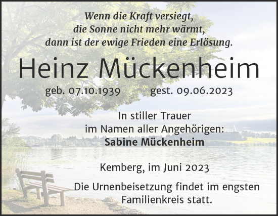 Traueranzeige von Heinz Mückenheim von Trauerkombi Wittenberg