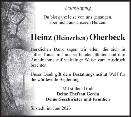 Traueranzeige von Heinz Oberbeck von Volksstimme Wernigerode