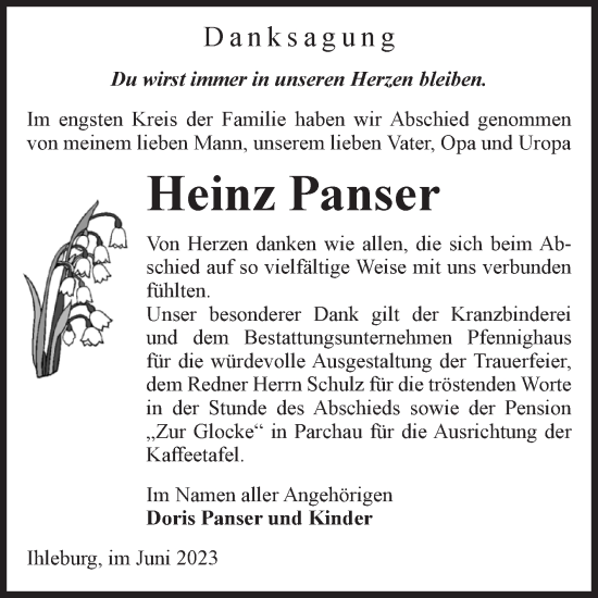 Traueranzeige von Heinz Panser von Volksstimme Burg/Genthin