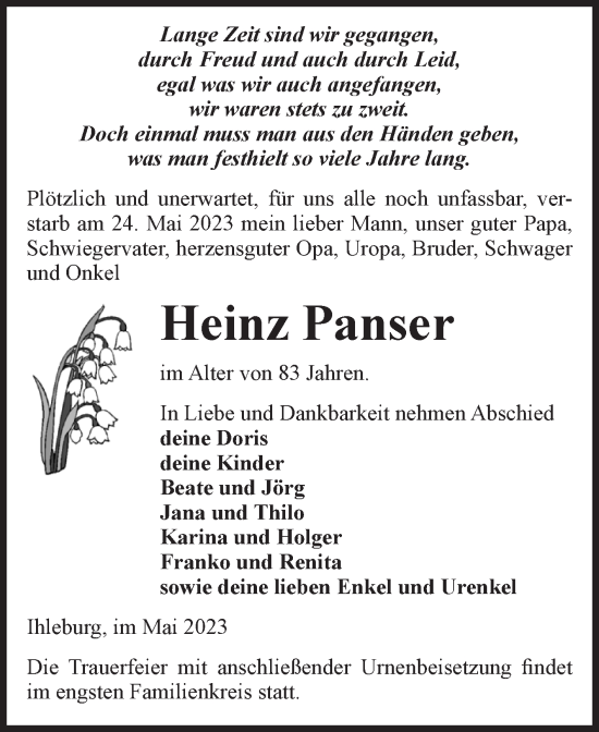 Traueranzeige von Heinz Panser von Volksstimme Burg/Genthin