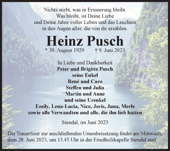 Traueranzeige von Heinz Pusch von Volksstimme Altmark Ost