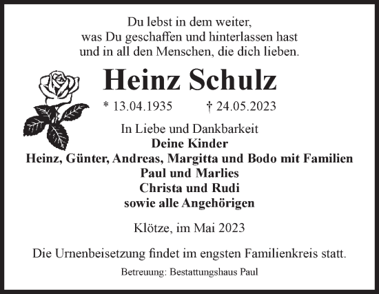 Traueranzeige von Heinz Schulz von Volksstimme Altmark West