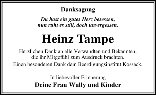 Traueranzeige von Heinz Tampe von Trauerkombi Wittenberg