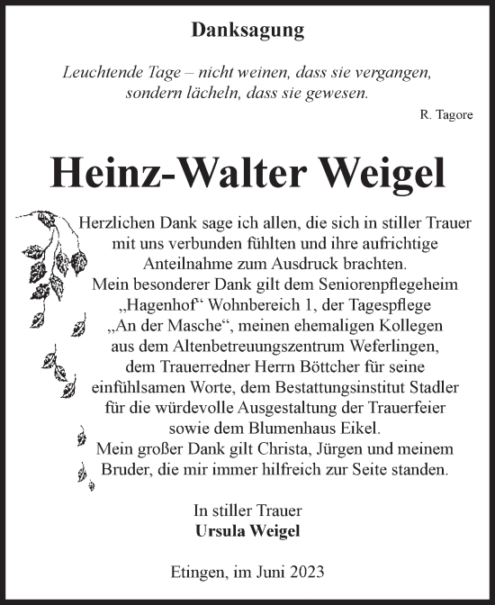 Traueranzeige von Heinz-Walter Weigel von Volksstimme Haldensleben/Wolmirstedt