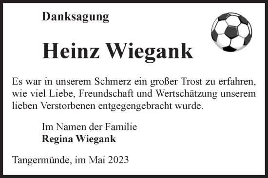 Traueranzeige von Heinz Wiegank von Volksstimme Altmark Ost