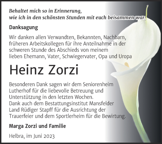 Traueranzeige von Heinz Zorzi von Trauerkombi Mansfelder Land